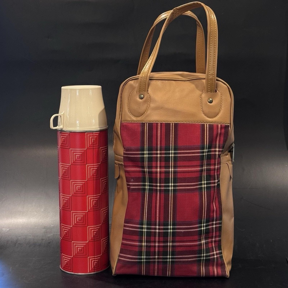Vintage Aladdin Thermos & Carry Bag Retro VGC Square Plaid Geometric Picinic Set